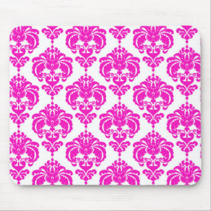 Hot Pink White Damask Chic Modern Elegant Pattern Mouse Mat