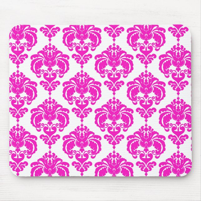 Hot Pink White Damask Chic Modern Elegant Pattern Mouse Mat (Front)
