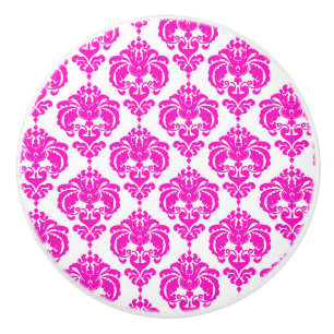 Hot Pink White Damask Elegant Chic Bedroom Dresser Ceramic Knob