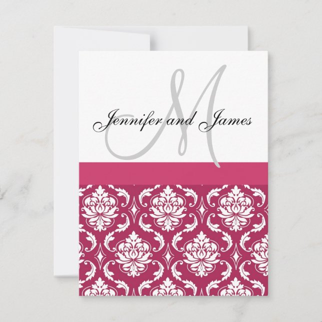 Hot Pink White Damask Monogram Wedding Invitation (Front)