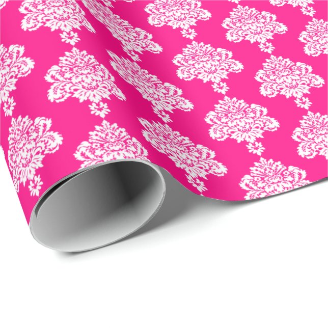 Hot Pink | White Damask Wrapping Paper (Roll Corner)