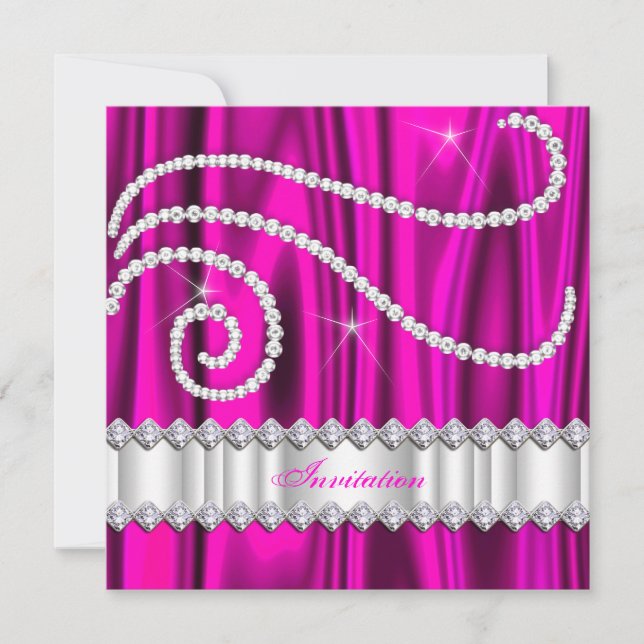 Hot Pink White Diamonds Silver Birthday Party Invitation (Front)