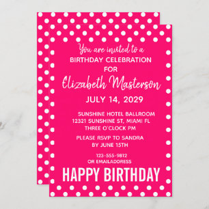 Hot Pink White Dots Pattern Happy Birthday Invitation