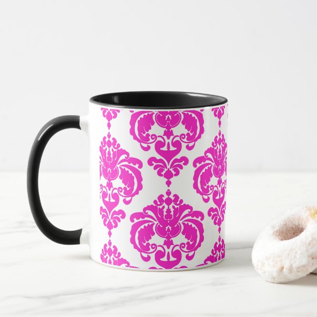Hot Pink & White Elegant Chic Damask Pattern Mug (With Donut)