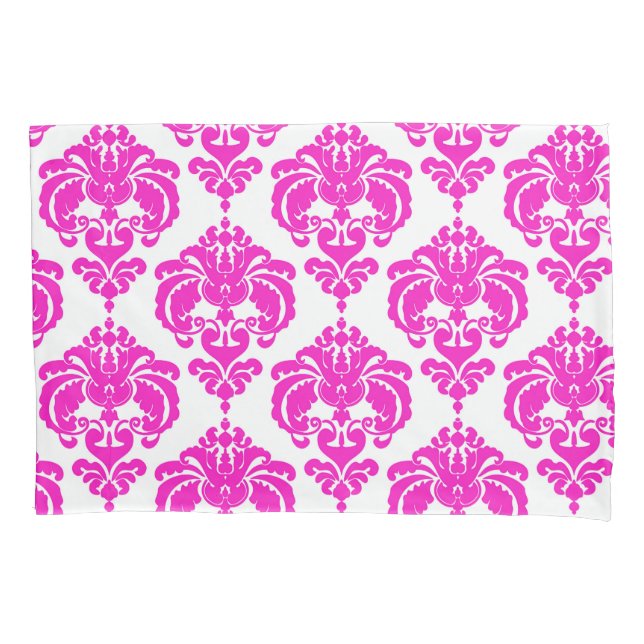 Hot Pink & White Elegant Chic Damask Pattern Pillowcase (Front)