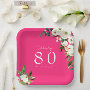 Hot Pink White Floral Birthday Paper Plate