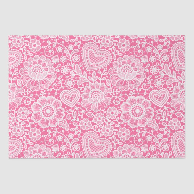 Hot Pink White Floral Lace Gift Wrap Tissue Paper (Front)