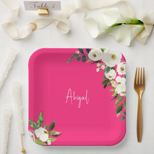 Hot Pink White Floral Script Name Birthday Paper Plate (Wedding)