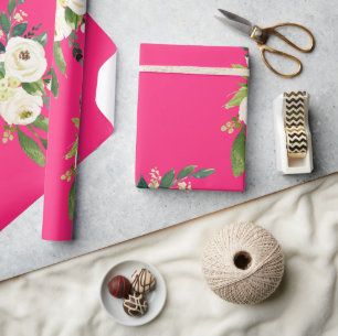 Hot Pink White floral Wrapping Paper