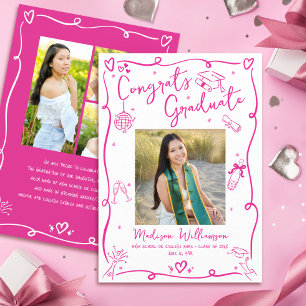 Hot Pink White Graduation 5 Photo Hand Drawn Art Announcement