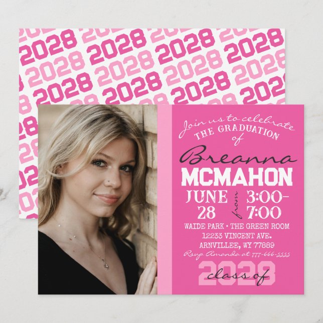 Hot Pink & White Graduation Photo Invitation (Front/Back)