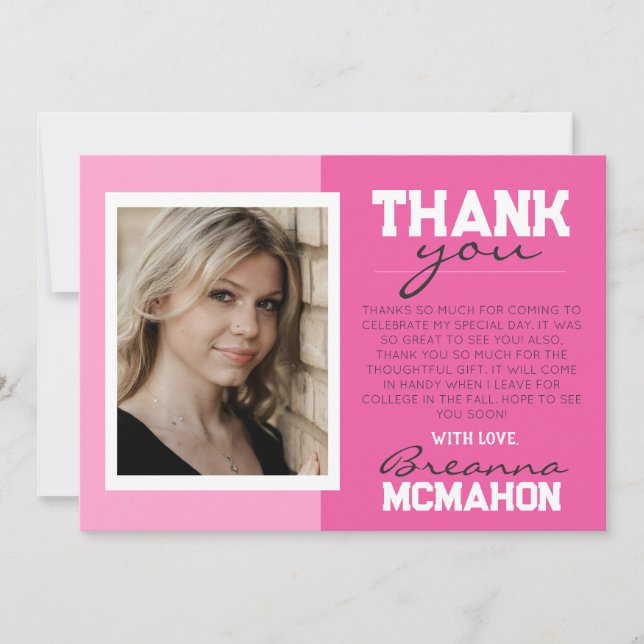 Hot Pink & White Graduation Photo Thank You Card (Front)