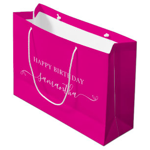 Hot Pink White Happy Birthday Bow Signature Name Large Gift Bag