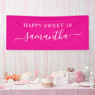 Hot Pink White Happy Sweet 16 Elegant Name Banner