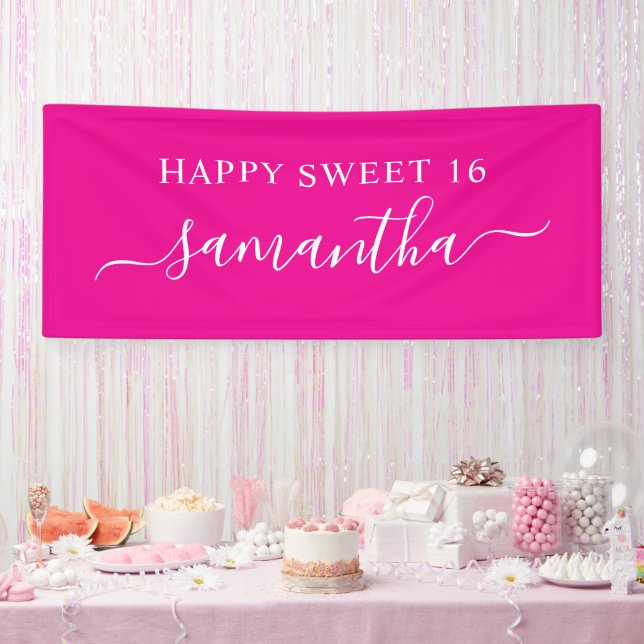 Hot Pink White Happy Sweet 16 Elegant Name Banner (Party)