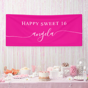 Hot Pink White Happy Sweet 16 Glam Signature Name Banner