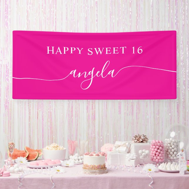 Hot Pink White Happy Sweet 16 Glam Signature Name Banner (Party)