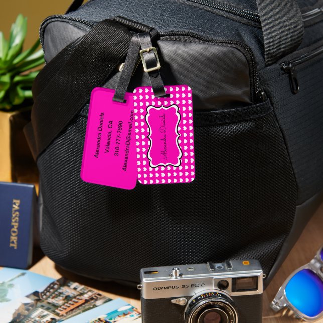 Hot Pink White Hearts Personalised Luggage Tag (Front & Back)