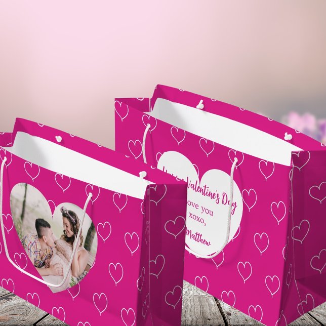 Hot pink white hearts photo Valentine's Day Large Gift Bag (Creator Uploaded)