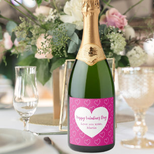 Hot pink white hearts Valentine's Day Sparkling Wine Label