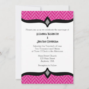 Hot Pink White Herringbone Wedding Invitation