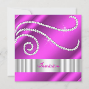 Hot Pink White Jewel diamonds Silver Birthday Invitation