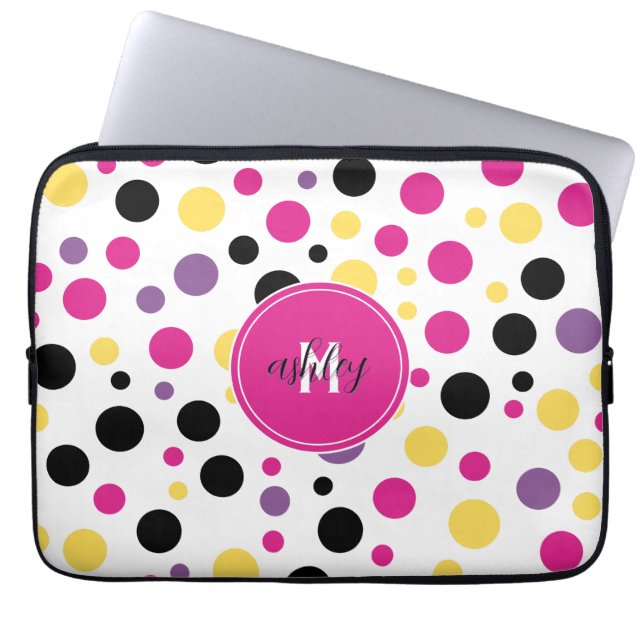 Hot Pink White Monogram Polka Dots Laptop Sleeve (Front)