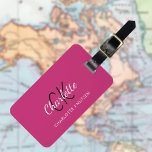 Hot pink white monogrammed luggage tag<br><div class="desc">A girly hot pink background. Personalise and add your monogram letters,  first name and full name on the front. Your contact information on the back.</div>