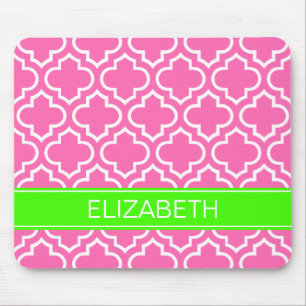 Hot Pink White Moroccan #6 Lime Name Monogram Mouse Mat