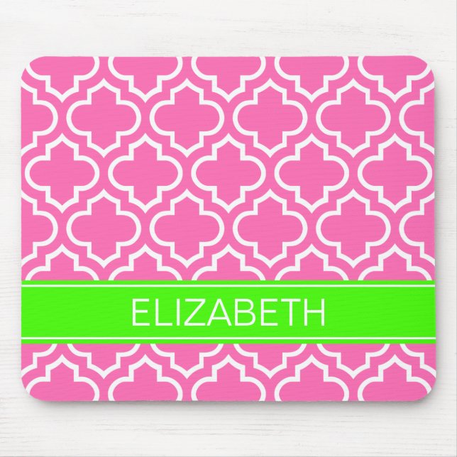 Hot Pink White Moroccan #6 Lime Name Monogram Mouse Mat (Front)