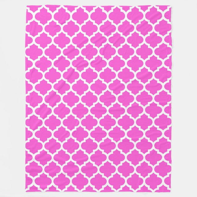 Hot Pink White Moroccan Quatrefoil Pattern #5 Fleece Blanket (Front)