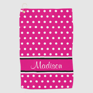 Hot Pink White Polka Dot Black Stripes Script Name Golf Towel