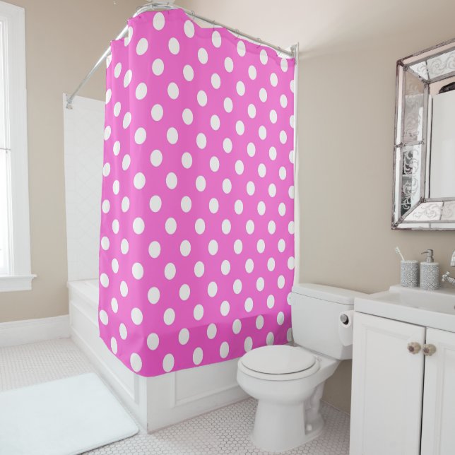 Hot Pink & White Polka Dots Dot Shower Curtain (In Situ)