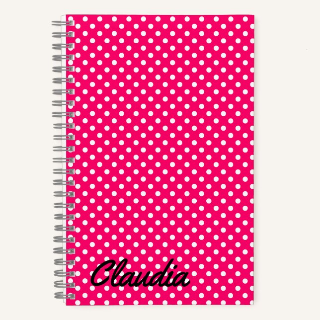 Hot Pink White Polka Dots Name Power Bank Notebook (Front)