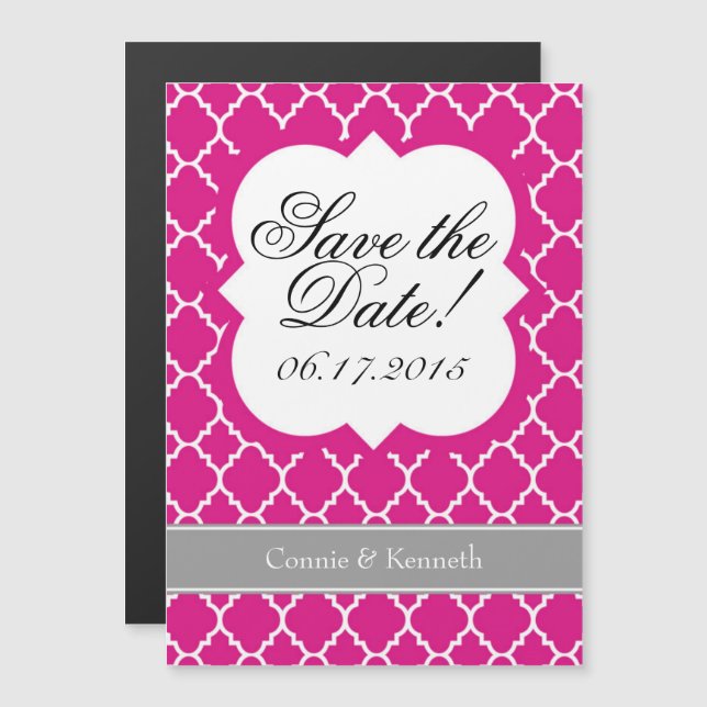 Hot Pink White Quatrefoil Save The Date Magnet (Front/Back)