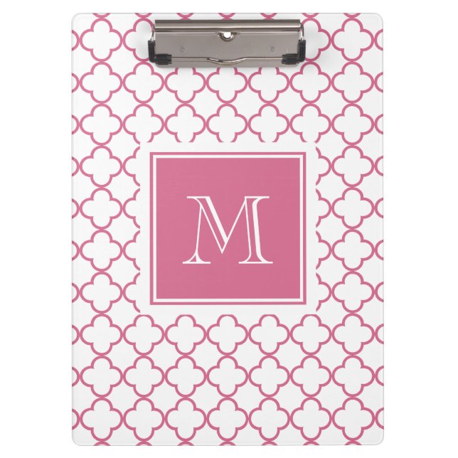 Hot Pink White Quatrefoil | Your Monogram Clipboard (Front)