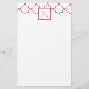 Hot Pink White Quatrefoil   Your Monogram Stationery