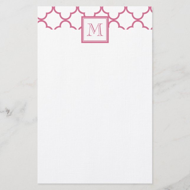 Hot Pink White Quatrefoil | Your Monogram Stationery (Front)