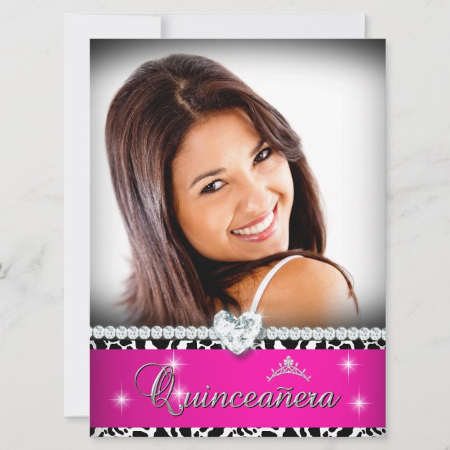Hot Pink White Quinceanera 15 Diamond Image Photo Invitation (Front)