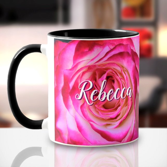 Hot pink & white rose close-up photo custom name mug (Creator Uploaded)