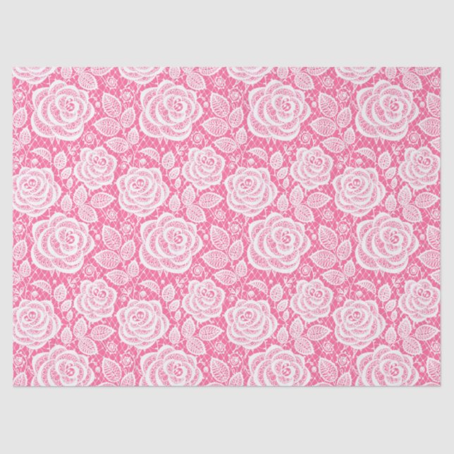 Hot Pink White Rose Lace Gift Wrap Tissue Paper (Front)