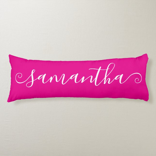 Hot Pink White Short Curly Swash Signature Name Body Cushion (Front)