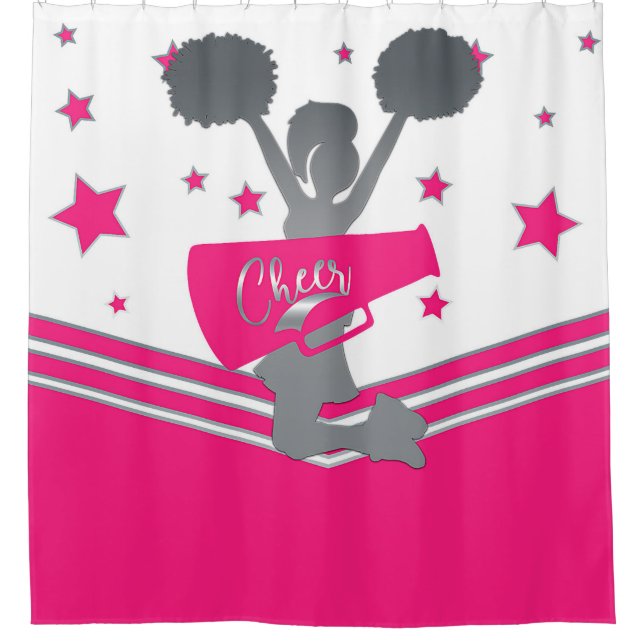 Hot Pink White Silver Stars Cheer Cheer-leading Shower Curtain (Front)