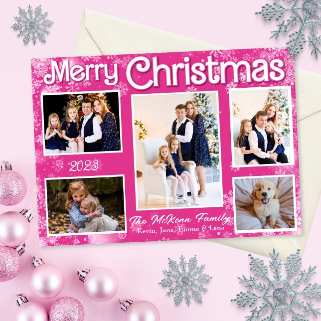 Hot Pink & White Snowflakes Christmas Holiday Card (Hot pink Christmas card with white snowflakes.)