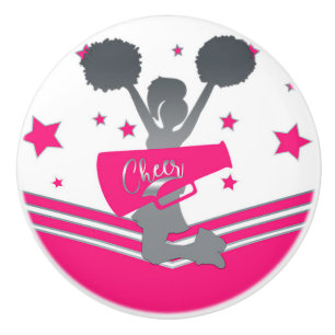 Hot Pink & White Stars Cheer Cheer-leading Girls Ceramic Knob