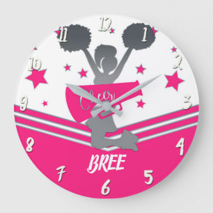 Hot Pink & White Stars Cheer Cheer-leading Girls Large Clock