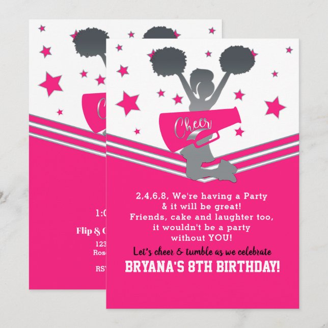 Hot Pink & White Stars Cheer Cheer-leading Party Invitation (Front/Back)