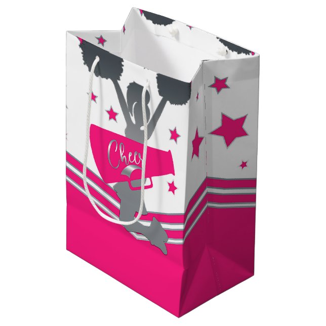 Hot Pink & White Stars Cheer Cheer-leading Party Medium Gift Bag (Front Angled)