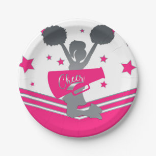 Hot Pink & White Stars Cheer Cheer-leading Party Paper Plate