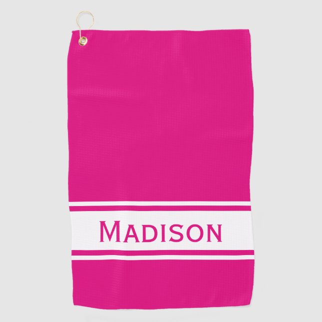 Hot Pink White Stripe Modern Name Monogram Golf Towel (Front)
